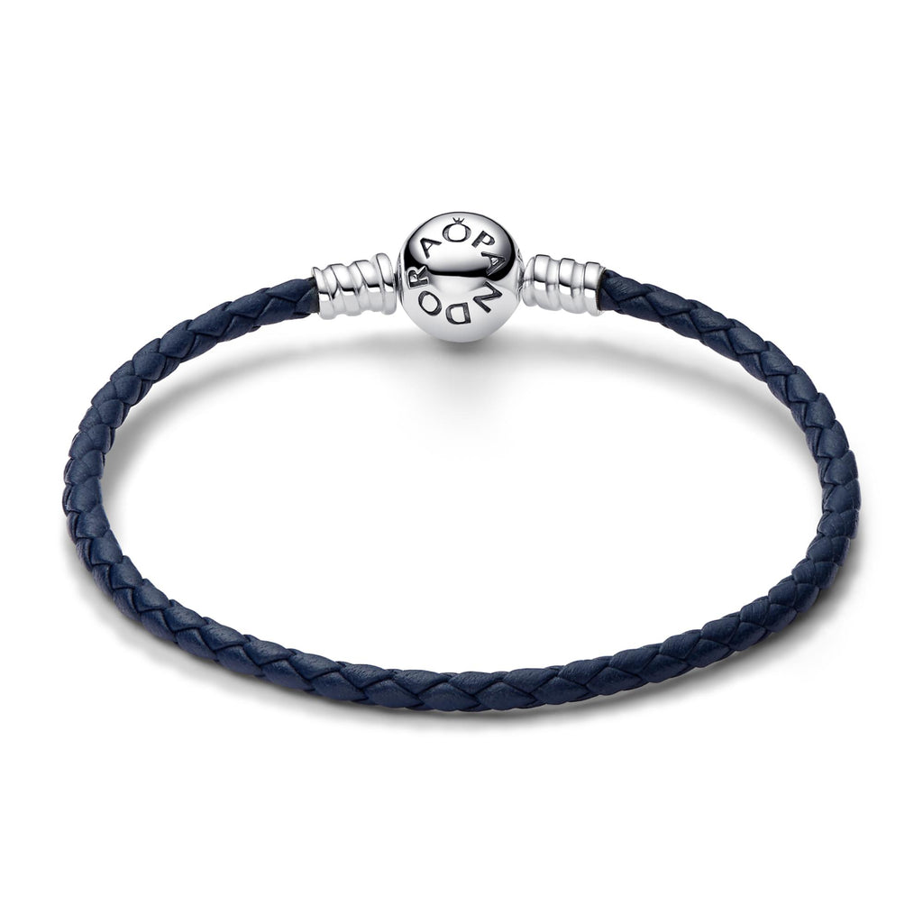 Pandora Moments Bracelet en Cuir Tressé Bleu à Fermoir Rond 592790C01