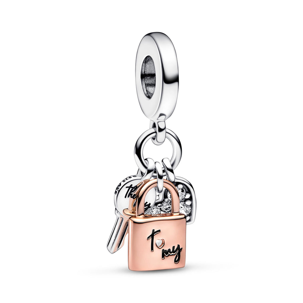 Pandora Moments Tweekleurige sleutel, hangslot en hart hangende bedel 782506C01