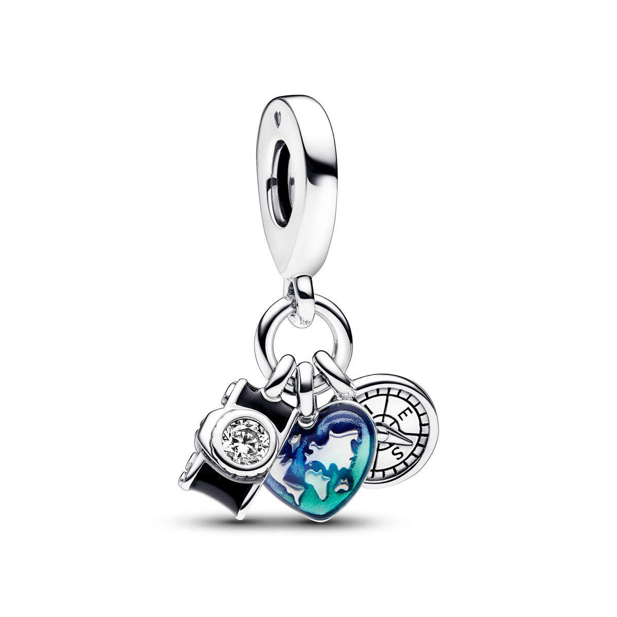 Pandora Moments Charm Pendant Triple Appareil Photo, Cœur & Boussole 792703C01