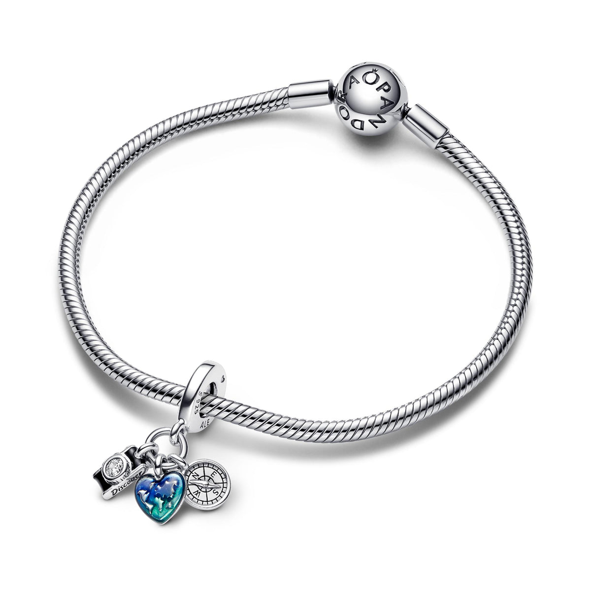 Pandora Moments Charm Pendant Triple Appareil Photo, Cœur & Boussole 792703C01