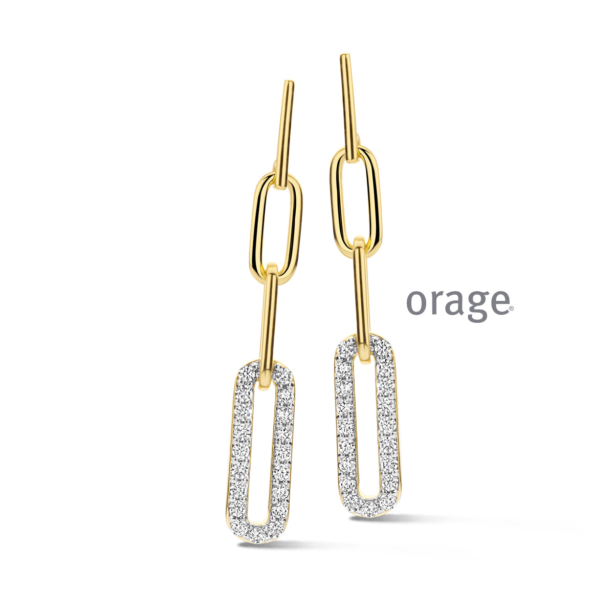 Orage Boucles d'oreilles pendantes maillons trombone plaqué or zircons BC078