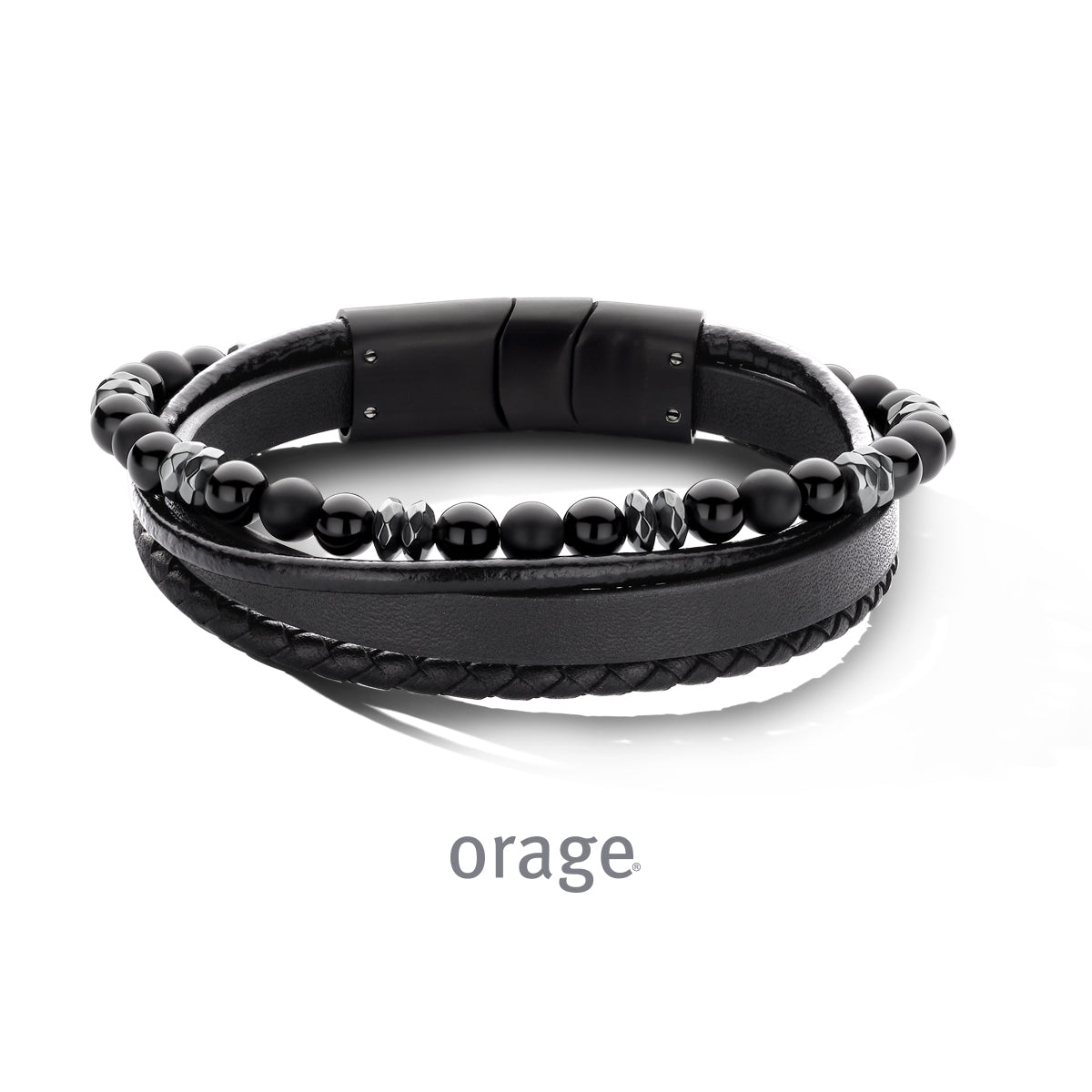 Orage Bracelet homme cuir noir et acier BC101