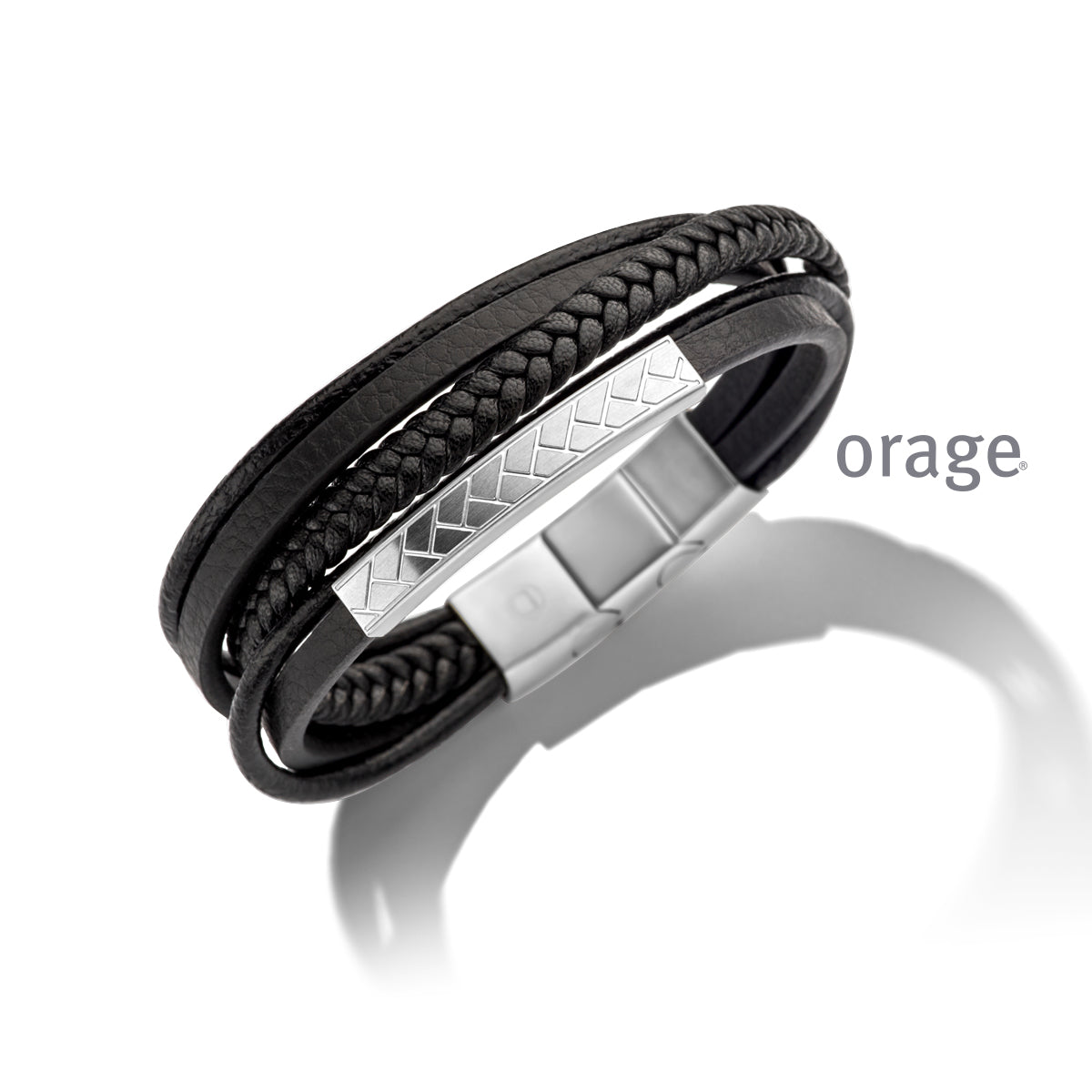 Orage Bracelet homme cuir noir et acier BC102