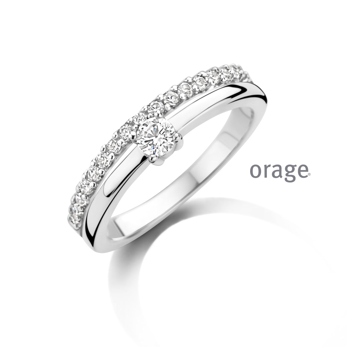 Orage Bague solitaire double anneau argent rhodié zircons BC145